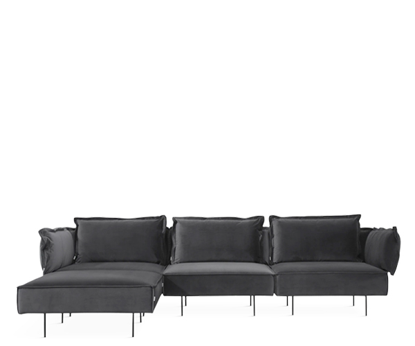 Handvark Three Seat Sofa with Chaise - Dark Grey Velour