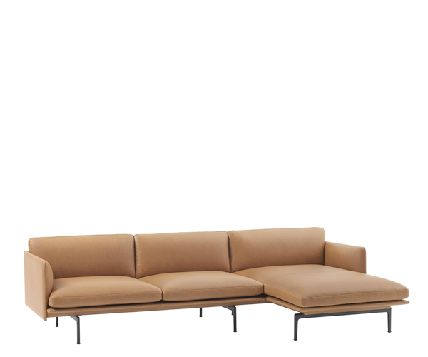 Muuto Outline Sofa Chaise Lounge - Cognac Refine Læder - Sort Stel