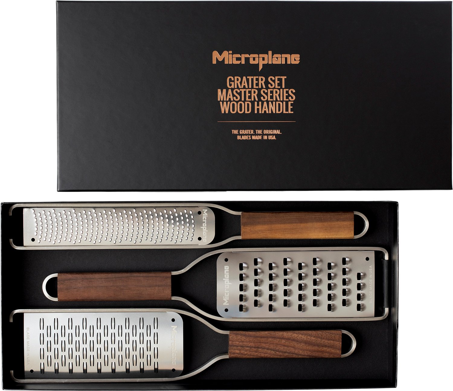 Microplane Gavesæt Microplane Master 3dele Valnøddetræ Str 32x3,5x19cm - Rivejern & Mandolinjern Stål hos Magasin